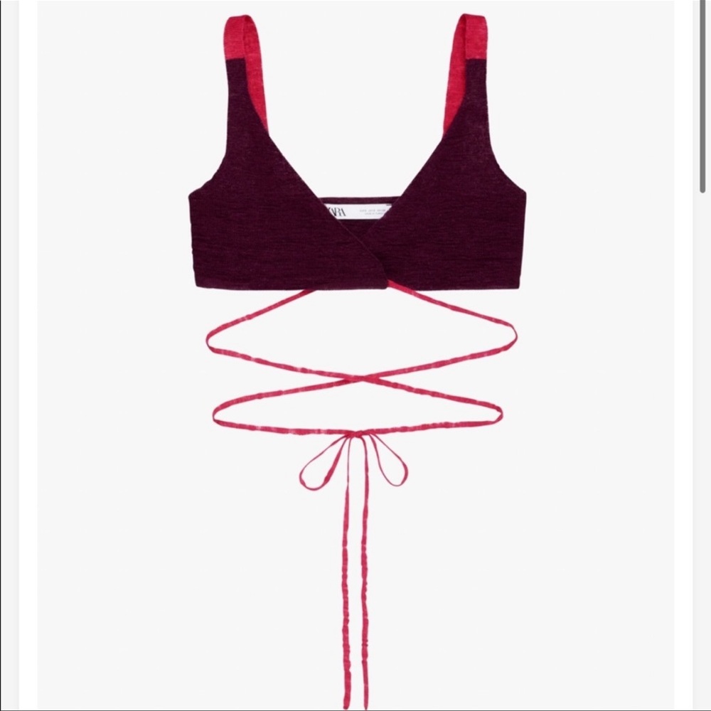 Zara Linen Blend Crop Top Bralette shirt maroon pink red wrap shirt tank cropped